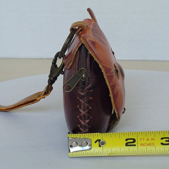 Leather Cat Kitty Face With Fish Charm Handcrafted Wristlet Coin Change Pouch - Picture 13 of 16